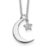 Sterling Silver Rhodium-Rhodium-Plated CZ Star and Moon w/ 2in Ext. Necklace